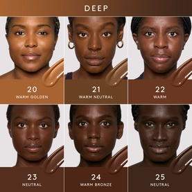Fenty Eaze Drop Blurring Skin Tint Deep shade range swatches shown on six models: shades 20&ndash;25, from Warm Golden to Neutral