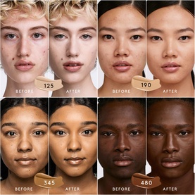 FENTY Soft'Lit Naturally Luminous Longwear Foundation before and after comparison across four skin tones: shades 125, 190, 345, and 480