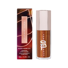 Fenty Gloss Bomb Oil in Fro$ted Bunz, 9ml lip oil with rose gold cap, shown with branded packaging box