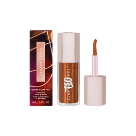 FENTY Gloss Bomb Oil in Fro$ted Bunz, 9ml, shown with box. Warm bronze-toned lip oil in rose gold bottle with applicator wand