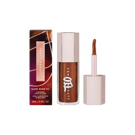 FENTY Gloss Bomb Oil in Coppa Cookie, 9ml, rich warm brown shade shown with box and applicator wand