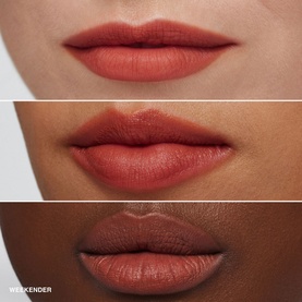 Bobbi Brown Luxe Matte Liquid Lip in Weekender shown on three different skin tones, demonstrating the warm terracotta matte finish