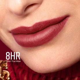 Bobbi Brown Luxe Matte Liquid Lip in Weekender, deep berry-rose matte shade shown on lips with 8HR Color-True Wear text overlay