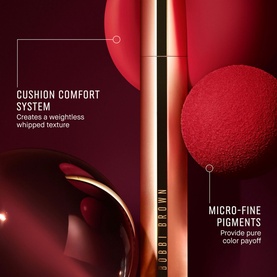 Bobbi Brown Luxe Matte Liquid Lip in Weekender 6ml, deep red liquid lipstick tube with cushion applicator sponge, annotated detail shot