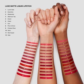 Bobbi Brown Luxe Matte Liquid Lip swatches across three skin tones showing 12 shades including Weekender, from nude to deep red