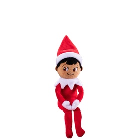 Elf on a Shelf brown plush toy, red and white elf character with pointed hat, seated pose, one size