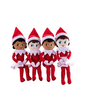 Elf on a Shelf plush toys, set of four elves in red and white outfits with blue eyes, varied skin tones, seated pose