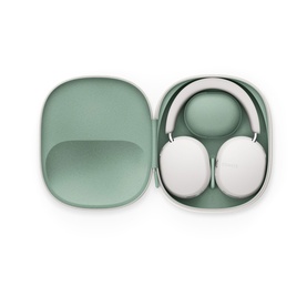 Sonos Ace Headphones in white, shown stored in a sage green protective carry case, overhead view