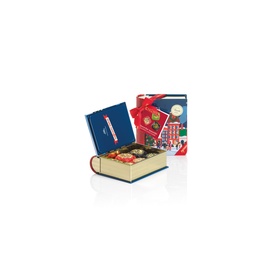 Venchi Mini Book Natale Anna Higgie 118g open gift box revealing assorted chocolates, with festive red ribbon and advent calendar backdrop
