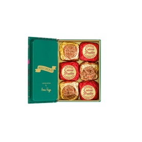 Venchi Mini Book Natale Anna Higgie 118g green gift box open revealing six assorted cr&egrave;me br&ucirc;l&eacute;e chocolates in red and gold foil wrappers
