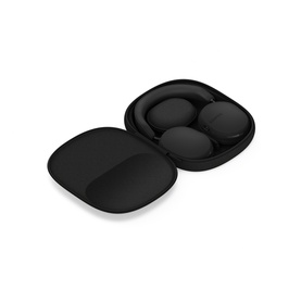 Sonos Ace Headphones in black, shown folded inside open black hard-shell carry case