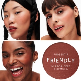 Three models wearing MAC Glow Play Cushiony Blush in Pinch Of Marrakesh, showcasing the blush on diverse skin tones