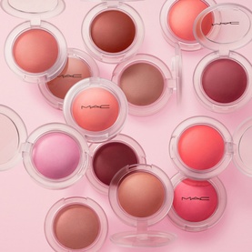 MAC Glow Play Cushiony Blush in Pinch Of Marrakesh, 7.3g, shown among multiple shades of cream blush compacts on pink background