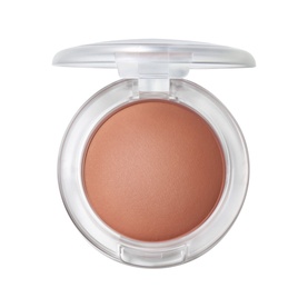 MAC Glow Play Cushiony Blush in True Harmony, open compact revealing a warm peachy-nude shimmer blush pan, 7.3g