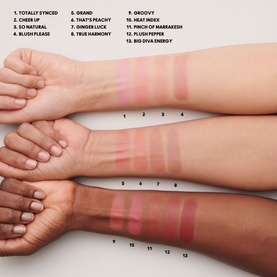 MAC Glow Play Cushiony Blush swatches across three arm skin tones, showing 13 shades including True Harmony, in pink and nude tones