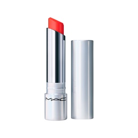 MAC Glow Play Tendertalk Lip Balm in coral-red, shown open beside silver bullet casing