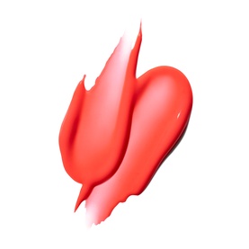 MAC Glow Play Tendertalk Lip Balm swatch in coral-red shade, showing glossy creamy texture smear on white background