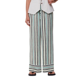 Model wearing Whistles Vertical Stripe Trousers in multi, wide-leg silhouette with green, black and cream stripes