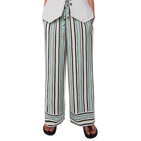 Model wearing Whistles Vertical Stripe Trousers in multi, wide-leg silhouette with vertical stripe pattern, styled with a white top and dark sandals