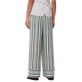 Model wearing Whistles Vertical Stripe Trousers in multi, wide-leg silhouette with contrast border hem, styled with a white wrap top