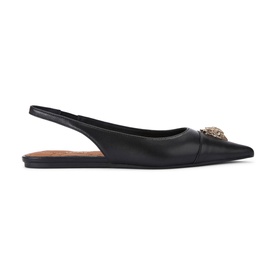 Kurt Geiger London Belgravia Slingback Pointed Toe Flats in black leather with gold-tone eagle head embellishment and elasticated slingback strap