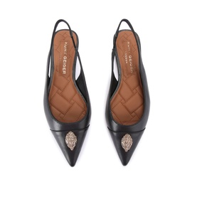 Kurt Geiger London Belgravia Slingback Pointed Toe Flats in black leather, gold-tone eagle head embellishment, elasticated slingback