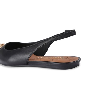 Kurt Geiger London Belgravia Slingback Pointed Toe Flats in black leather, gold eagle head detail, elasticated slingback strap, side view