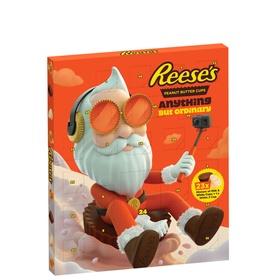 Reese's Peanut Butter Advent Calendar with 24 doors, featuring fun Santa illustration, peanut butter and milk chocolate cups inside