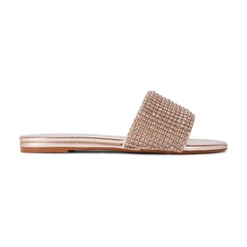 Carvela Spotlight Embellished Flat Sandals in gold with crystal-embellished wide strap, open toe, and metallic flat sole