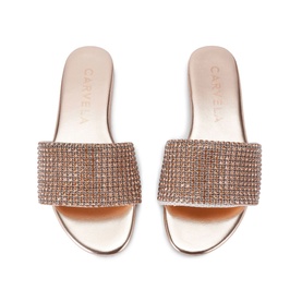 Carvela Spotlight Embellished Flat Sandals in gold, overhead view showing crystal-covered wide strap, open toe, slip-on style
