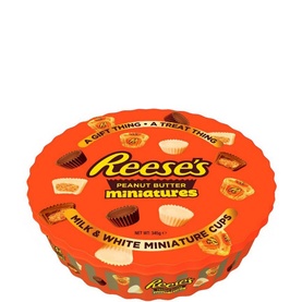 Reese's Peanut Butter Miniatures Gift Tin, round orange tin containing milk and white chocolate peanut butter cups, approx 39 pieces