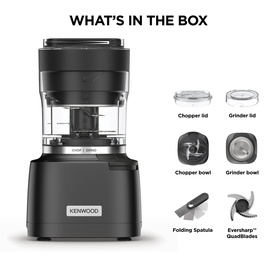 Kenwood Autograph Duo Prep 2 in 1 Chopper/Grinder in black, "What's in the Box" showing chopper bowl, grinder bowl, lids, spatula and QuadBlades