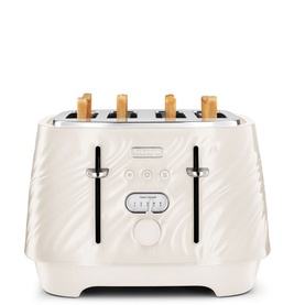 De'Longhi Ballerina Seta Toaster in cream with 4 slots, wave-embossed body, and gold-tone lever accents