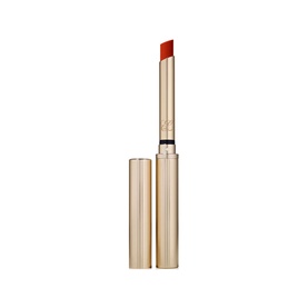 Est&eacute;e Lauder Pure Colour Explicit Silk Matte Lipstick in red-orange, gold ribbed tube, cap removed, 2.8g