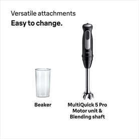 Braun Multiquick 5 Stick Blender in black showing motor unit, blending shaft, and included beaker attachment on white background.