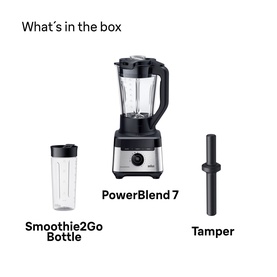 Braun Powerblend 7 black blender shown with included Smoothie2Go bottle and tamper accessory on white background