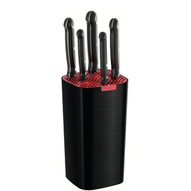 Tramontina 6-Piece Kitchen Knife Set in black, five knives stored in a black polypropylene block with red interior slot holder