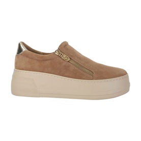 Dune Episodic 2 Zip Detail Flatform Trainers in beige suede with gold side zip, metallic heel accent and chunky cream flatform sole