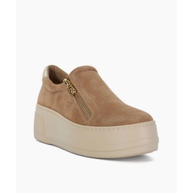 Dune Episodic 2 Zip Detail Flatform Trainers in beige suede with gold side zip, metallic heel accent and chunky cream flatform sole