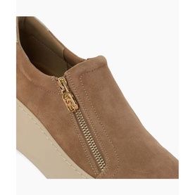 Dune Episodic 2 Zip Detail Flatform Trainers in beige suede, close-up of gold side zip and chunky flatform sole