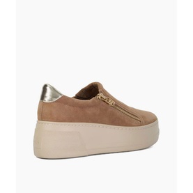 Dune Episodic 2 Zip Detail Flatform Trainers in beige suede, gold side zip and metallic heel accent, chunky cream flatform sole