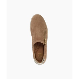 Dune Episodic 2 Zip Detail Flatform Trainers in beige suede, top-down view showing gold side zip and round toe