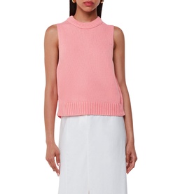 Model wearing Whistles Indie Ribbed-Knit Tank Top in pink, sleeveless with round ribbed neckline, styled with white wide-leg trousers