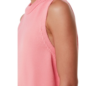 Model wearing Whistles Indie Ribbed-Knit Tank Top in pink, showing ribbed neckline and sleeveless knitted design in close-up side view