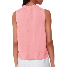 Model wearing Whistles Indie Ribbed-Knit Tank Top in pink, back view, showing ribbed hem and centre panel detail, styled with white trousers