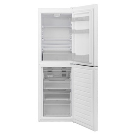 Nordmende 54cm Freestanding 166cm No Frost Fridge Freezer in White, shown open with interior shelving visible
