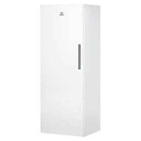 Indesit Freestanding 60cm NoFrost Freezer 223L in white, tall upright design with silver bar handle, angled view