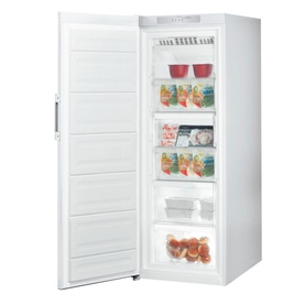 Indesit Freestanding 60cm NoFrost Freezer 223L in white, shown open revealing multiple shelves stocked with frozen food items