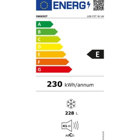 Indesit Freestanding 60cm NoFrost Freezer 223L EU energy label showing E rating, 230 kWh/annum, 228L capacity