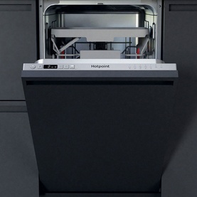 Hotpoint Built-In Slimline Dishwasher 9 Place 54cm, door open revealing upper rack and control panel